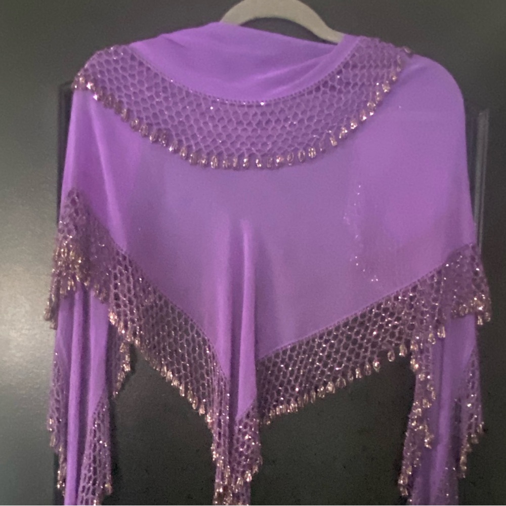Large purple triangle beaded crocheted shawl wrap